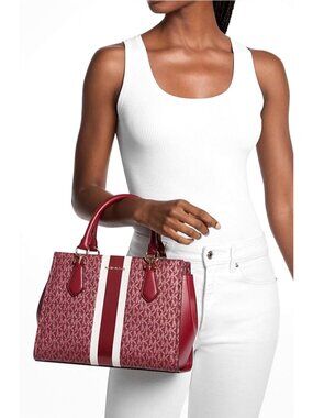 New Michael Kors Marilyn Medium Signature Logo Stripe Satchel Bag Cherry Multi